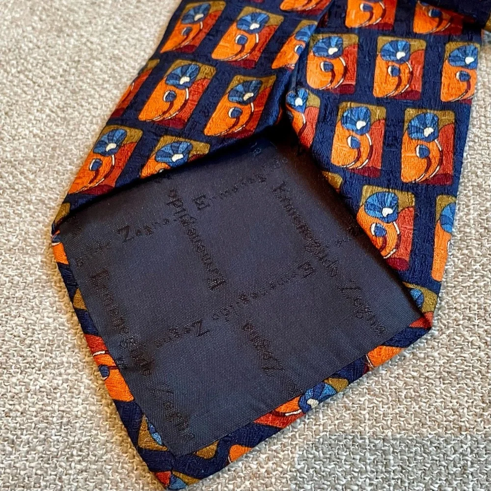 Ermenegildo Zenga Italian Silk Floral Print Vintage Men’s Tie Orange Blue Green